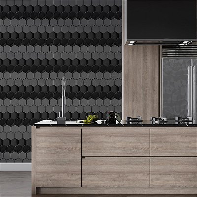 Papel de parede 3D geométrico ladrilho horizontal colméia preto