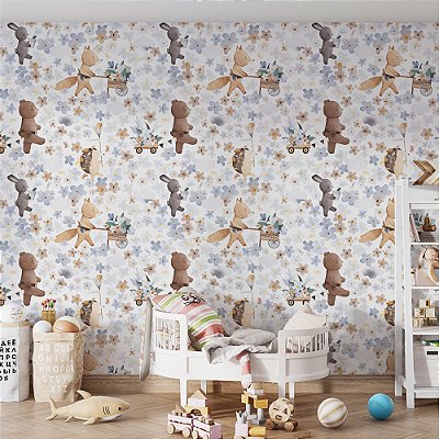 Papel de parede natureza urso e raposa primavera