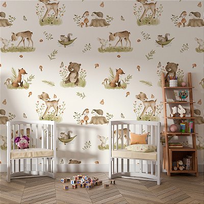 Papel de parede natureza cervo coelho e passarinho brincando
