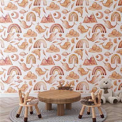 Papel de Parede Boho Infantil Baleia, Nuvens e Arco-íris
