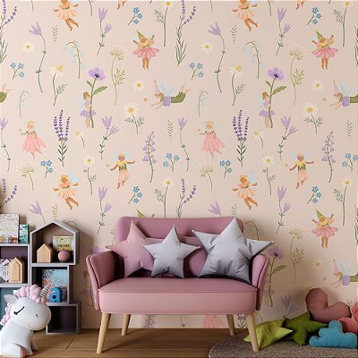 Papel de parede Fadas e Flores Delicadas fundo Bege