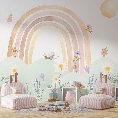 Papel de parede Fadas e Flores Arco íris Aquarela