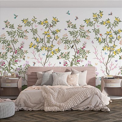 Papel de parede Jardim moderno aquarela com pássaros limões e borboletas