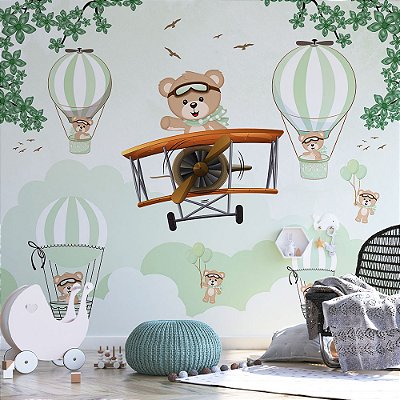 Papel de Parede Infantil Urso Piloto e Balões tons de verde pastel