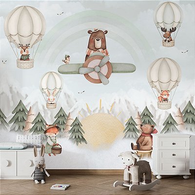 Papel de parede Infantil Urso Aviador com balões verde aquarela