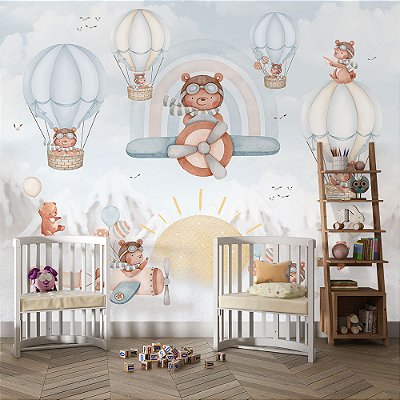Papel de parede Infantil Urso Aviador com balões azul aquarela