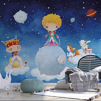 Papel de parede Infantil Pequeno Príncipe na Lua fundo azul escuro AL 03