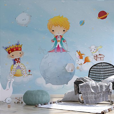 Papel de parede Infantil Pequeno Príncipe na Lua fundo azul claro AL 04