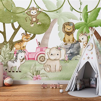 Papel de Parede Infantil Safari Baby Rosa em Estilo Aquarela