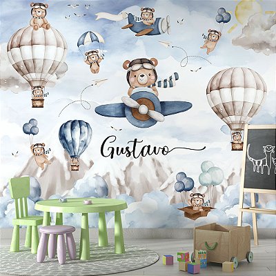 Papel de Parede Infantil Ursinhos Aviadores Aquarela Azul