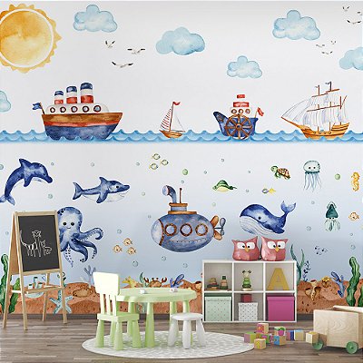 Papel de Parede Infantil Fundo do Mar com Navios e Submarino