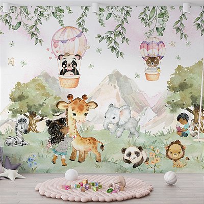 Papel de Parede Safari Aquarela com Animais e Crianças