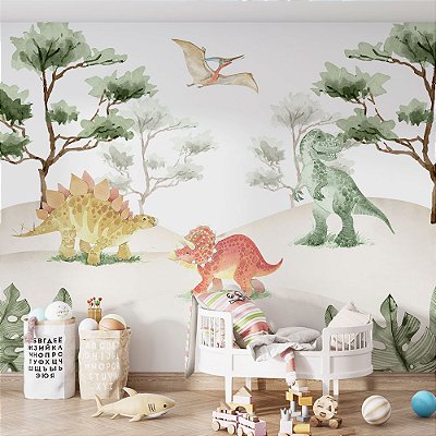Papel de Parede Infantil Dinossauros Fofinhos na Floresta