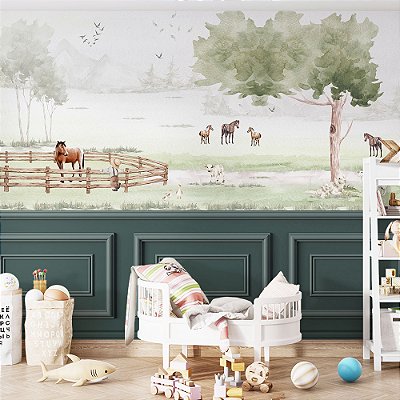 Papel de Parede Fazendinha Aquarelada com Cavalos e Animais