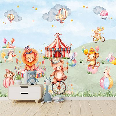 Papel de Parede Infantil Circo Mágico com Animais Fofos