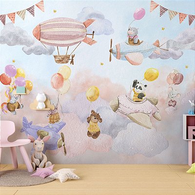 Papel de Parede Infantil Nuvens de Algodão Rosa