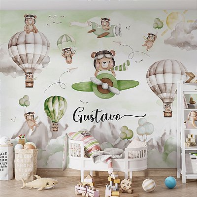 Papel de Parede Infantil Ursinhos Aviadores Aquarela Verde