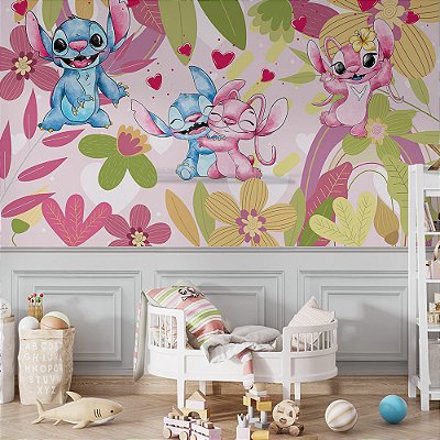 Papel de Parede Infantil Stitch e Angel no Jardim da Primavera