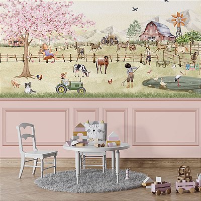 Papel de Parede Infantil Fazenda com Animais e Crianças Rústico e Delicado