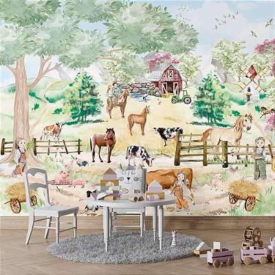 Papel de Parede Infantil Fazenda com Animais e Crianças Aquarelado