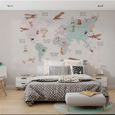 Mapa Mundi em Tons Pasteis com Diversos Aviões e Balões - Oferta Única - 1,5m(L) x 1,5m(A)