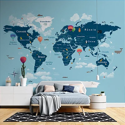 Mapa Mundi Infantil com Balões - Oferta Única - 3,5m(L) x 2,6m(A)