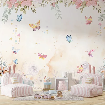 Rama de Flores e Borboletas em Aquarela - Oferta Única - 2,5m(L) x 3m(A)