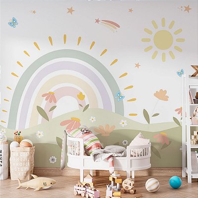 Papel de parede Infantil Arco Íris em Tons Pastéis com Flores e Sol
