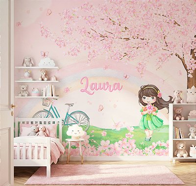 Papel de Parede Infantil Menina no Jardim Floral de Cerejeiras