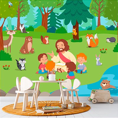 Papel de Parede Infantil Jesus e Crianças na Floresta com Animais