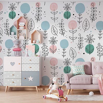 Papel de Parede Infantil Escandinavo com Flores e Folhas – Decoração Moderna e Colorida para Quarto de Criança