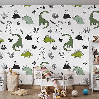 Papel de Parede Infantil Dinossauro e vulcão