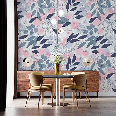 Papel de Parede Folhas Aquarelada Azul e Rosa