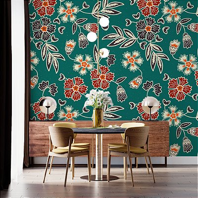 Papel de Parede Floral com fundo Verde
