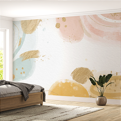 Papel de Parede Painel Fotográfico Aquarela Bege com detalhes Dourados