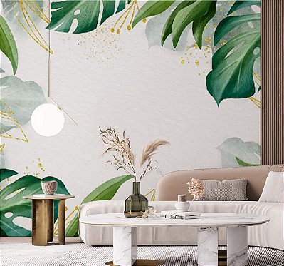 Papel de Parede Aquarela com Folhas Gigantes e Detalhes Dourados