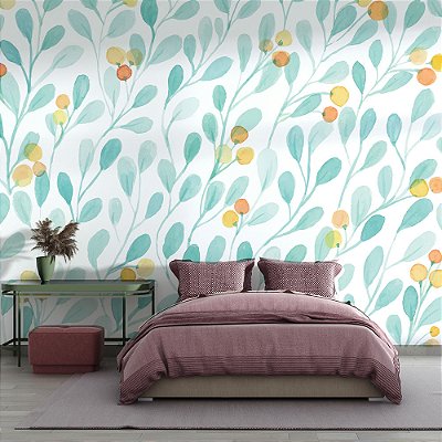 Papel de Parede Folhas em Aquarela Azul e Amarelo