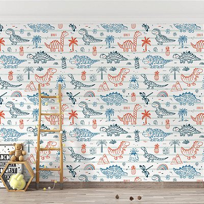 Papel de Parede Dinossauros Laranjas e Azuis