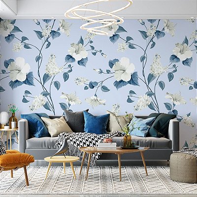 Papel de Parede Flores Brancas fundo Azul