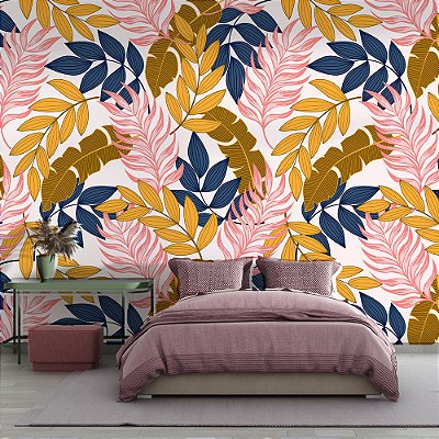 Papel de Parede Folhas Azuis e Rosas