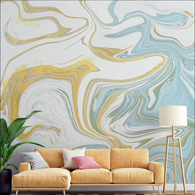 Papel de Parede Mármore Liquido tons de azul e amarelo