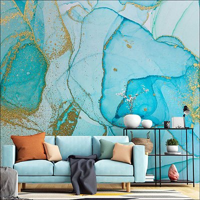 Papel de Parede Aquarela Azul com Dourado