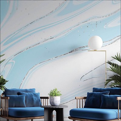 Papel de Parede Mármore Azul com Prata
