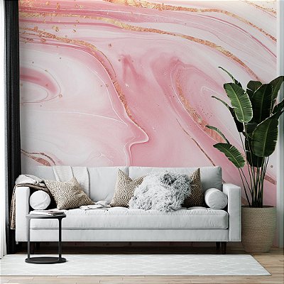 Papel de Parede Mármore Líquido Rosa com Dourado