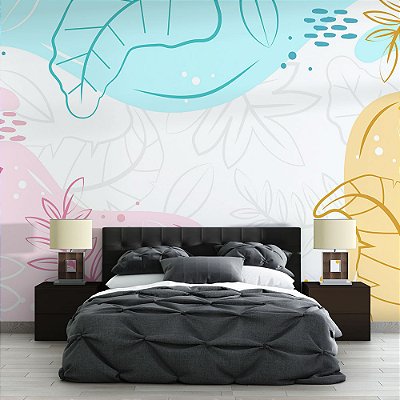 Papel de Parede Floral Azul, Rosa e Amarelo Gigante