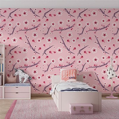 Papel de Parede Flores e Ramos de Cerejeira Rosa