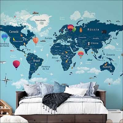 Papel de Parede Mapa Mundi Infantil com Balões