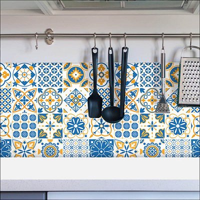Papel de Parede Azulejo Azul e Amarelo