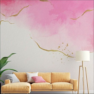 Papel de Parede Aquarela Rosa com Dourado