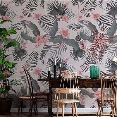 Papel de Parede Folhas e Flores Rosa